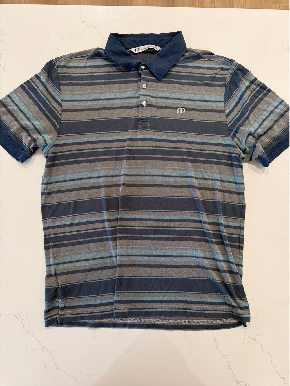 TravisMathew Mens Large Golf Polo Shirt Striped Blue Grey Short Sleeve